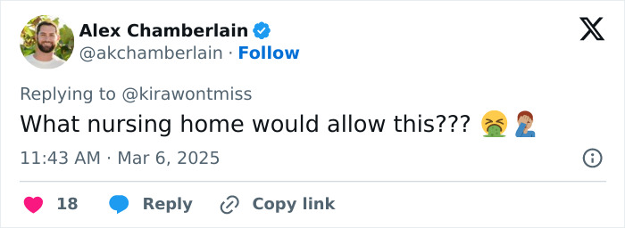 Tweet questioning nursing home policies, expressing disapproval with emojis.