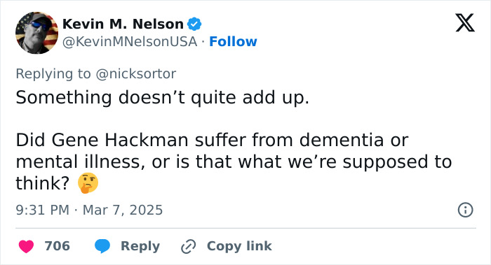 Tweet questioning Gene Hackman's awareness of wife's passing and mental health.