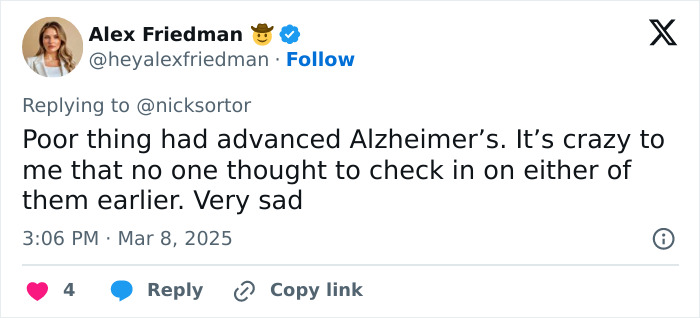 Tweet about Gene Hackman, Alzheimer's, and a lack of check-ins from Alex Friedman.