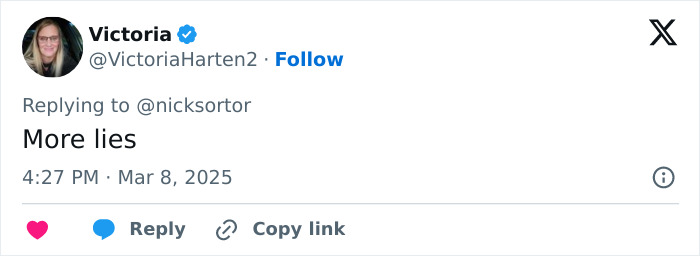 Tweet from Victoria commenting "More lies" related to Gene Hackman news.