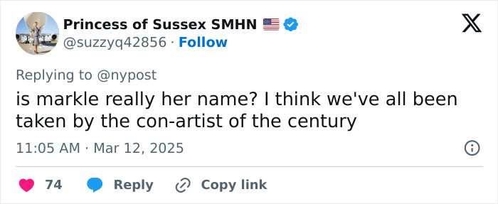 Tweet questioning Meghan Markle's authenticity, mentioning her as the "con-artist of the century.