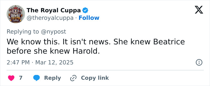 Tweet suggesting Meghan Markle lied about knowing Prince Harry, posted by The Royal Cuppa.