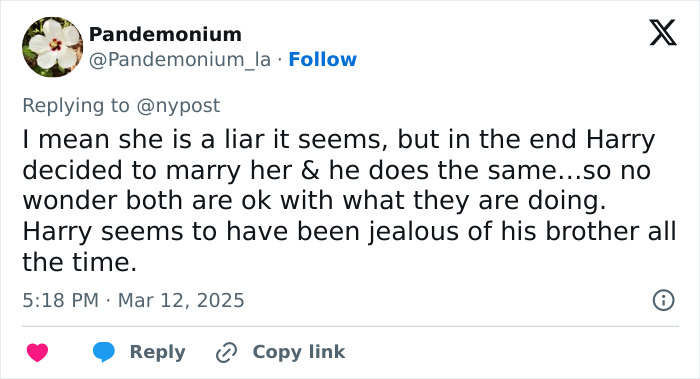 Tweet discussing Meghan Markle, Harry, and alleged lies in response to nypost.