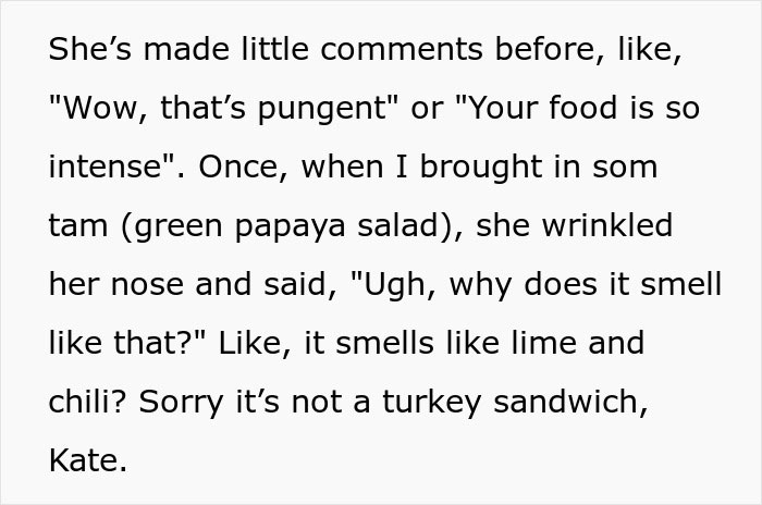 Text describing coworker's reaction to food, highlighting cultural insensitivity.