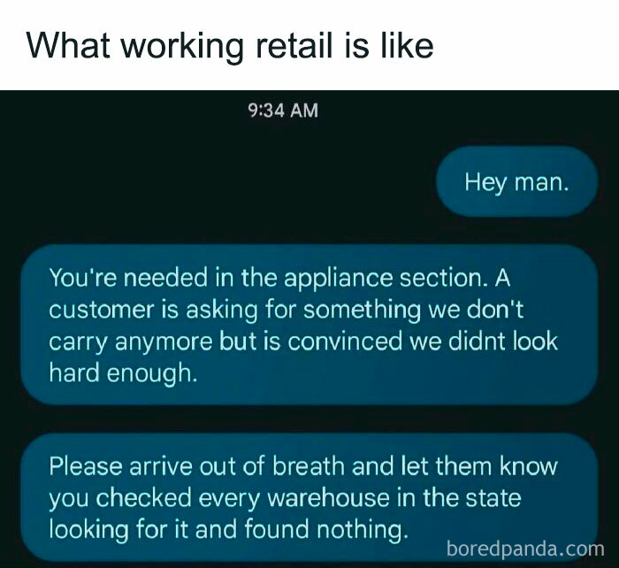 Retail work meme showing funny text exchange about dealing with demanding customers in the appliance section.