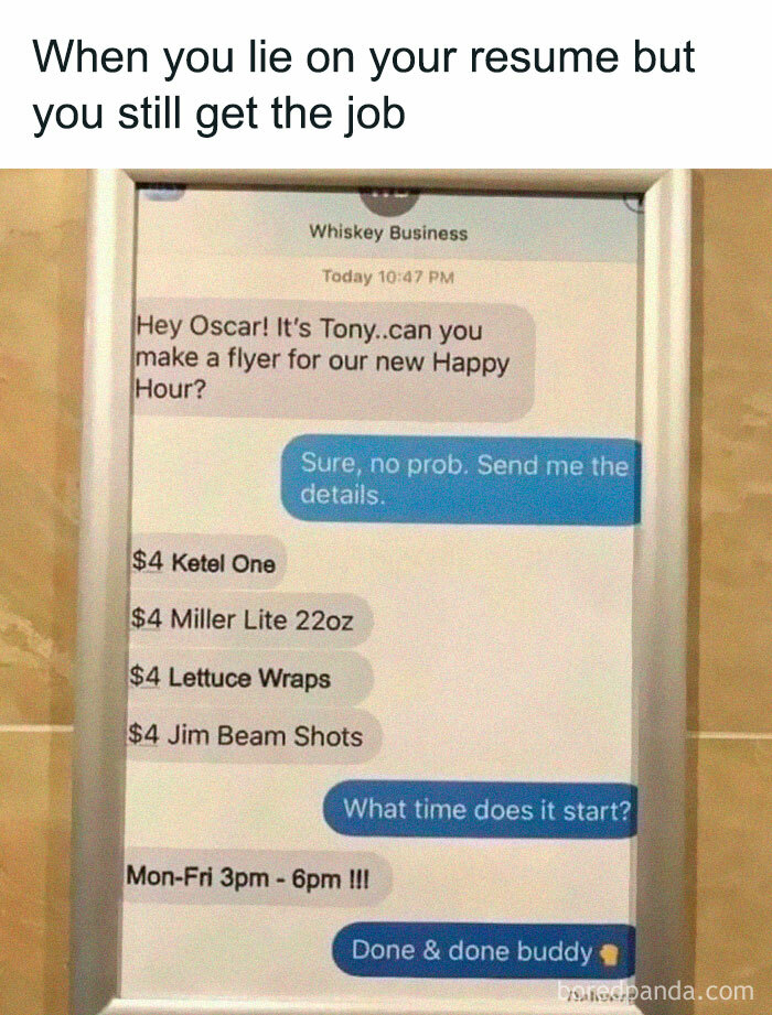 Text conversation meme about work, featuring a humorous exchange about creating a happy hour flyer.