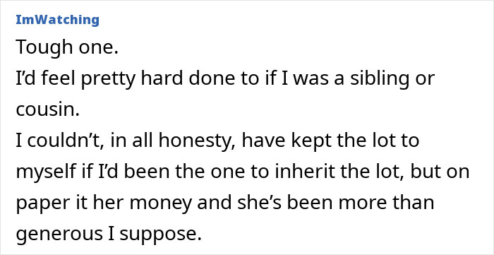 Text conversation about a woman&rsquo;s massive fortune, discussing fairness and inheritance impacts on family.