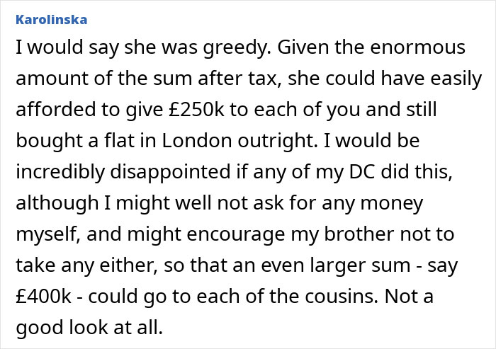 Text with family discussing massive fortune left to niece, sparking a debate on fairness and greed.