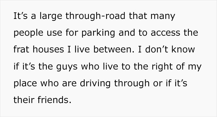 Text discussing yard access issues in a neighborhood road, mentioning neighbors or friends driving through frequently.