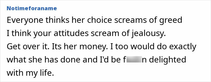 Comment discussing a woman leaving her fortune to her niece, mentioning greed and jealousy.