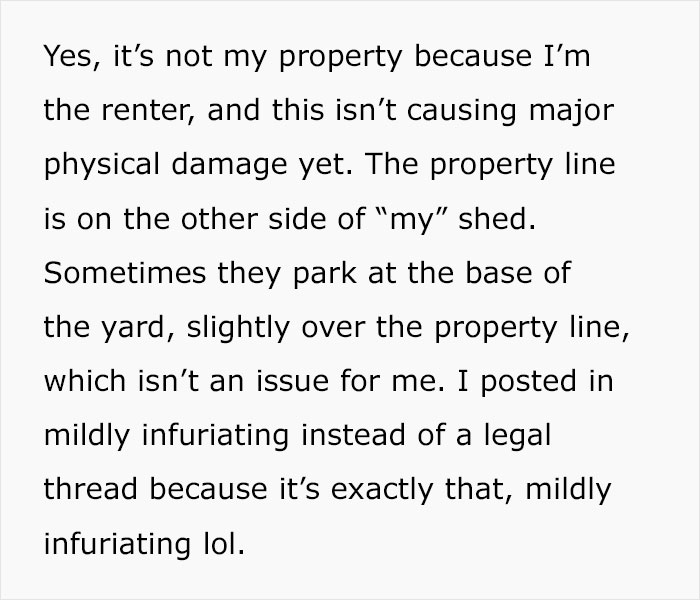 Text discussing a renter's view on neighbors driving slightly over the property line, describing it as mildly infuriating.