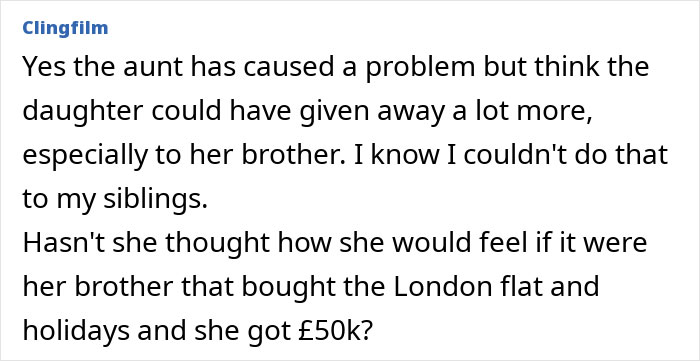 Comment discussing an aunt's inheritance causing family conflict.