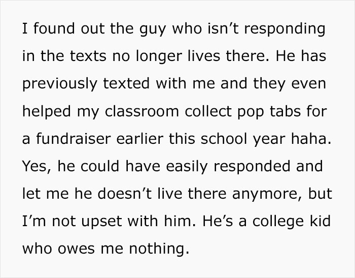 Text message explaining a situation involving a college student who no longer lives at a previous address.