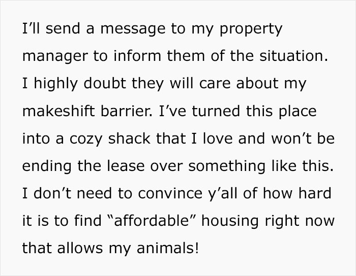 Text about a tenant discussing a property situation and makeshift barrier to stop neighbors from driving in her yard.