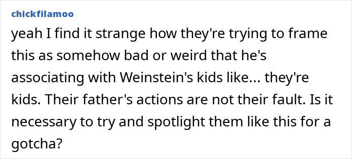 Comment discussing Weinstein&rsquo;s children related to Adrien Brody and public perception.