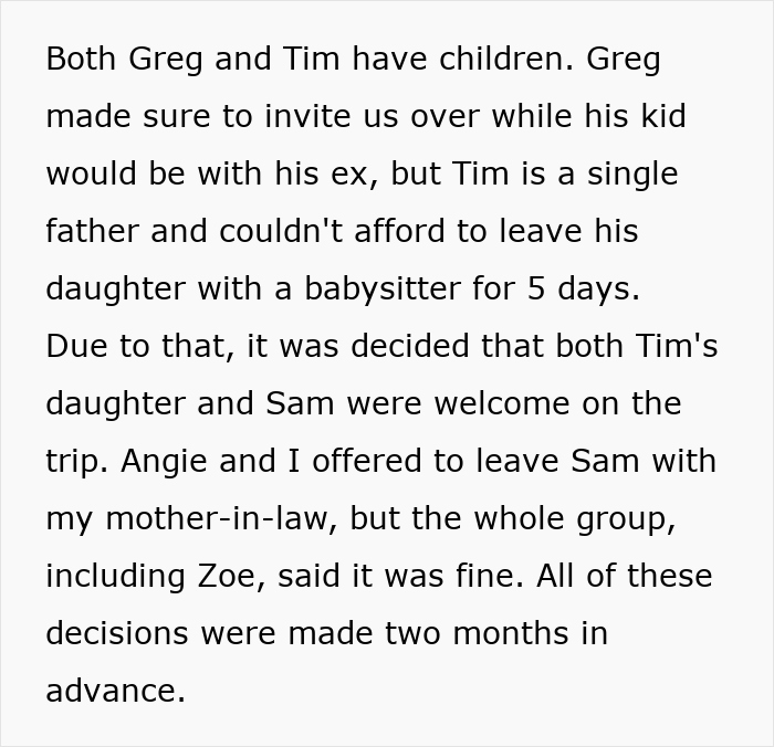 Text about holiday plans, highlighting child arrangements and a friend being upset about having children on the trip.