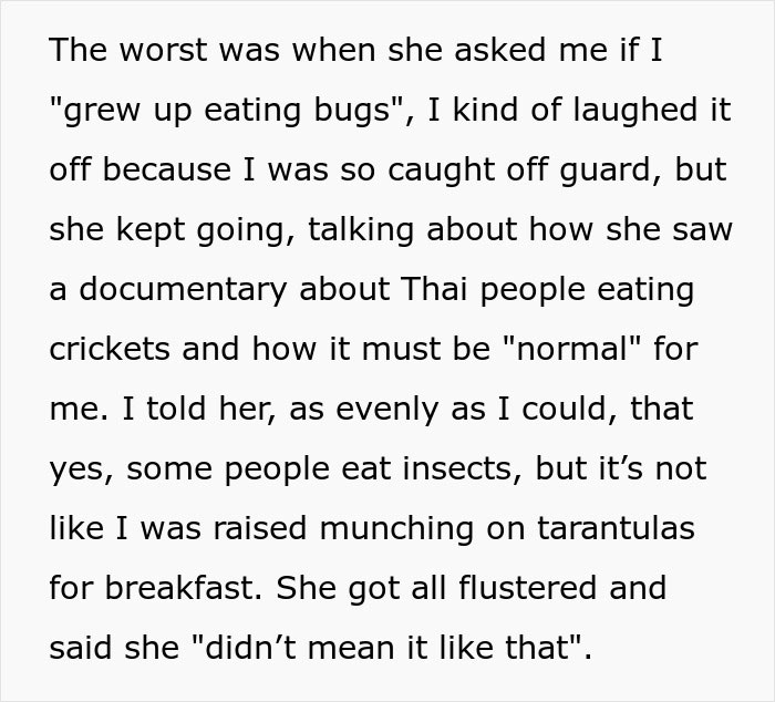 Text excerpt about a coworker insulting another's food preferences, mentioning documentaries and cultural assumptions.