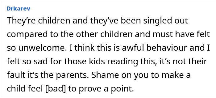 Text expressing sadness for kids at a birthday with no food due to parents not RSVPing.