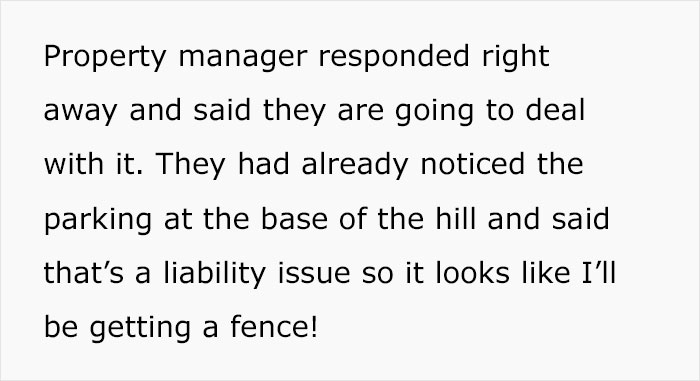 Text about a property manager addressing parking issues with a fence solution.