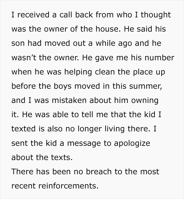 Text about mistaken house ownership and a resolved misunderstanding.