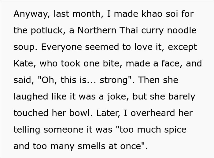 Text describing a coworker's reaction to Northern Thai curry noodle soup at a potluck.