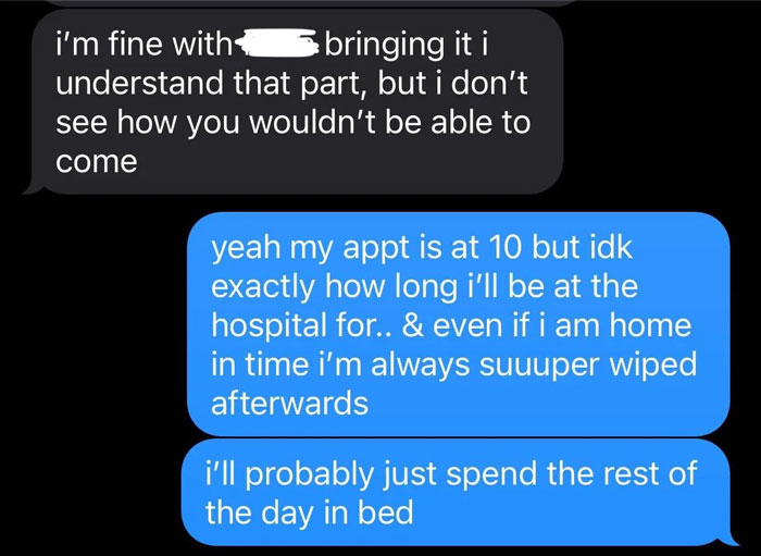 Text exchange discussing chemo appointment and missing a birthday event.