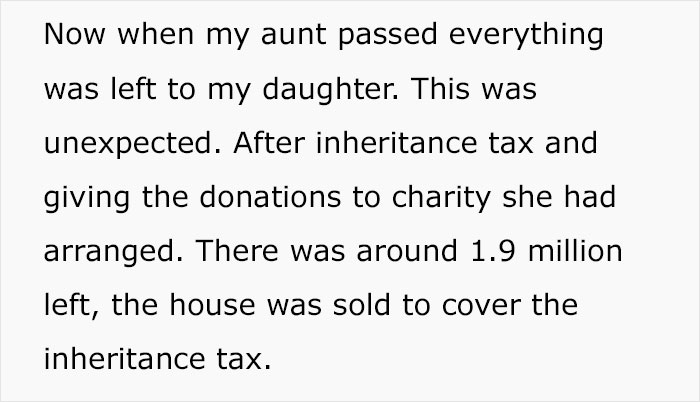 Text image discussing a woman&rsquo;s fortune left to niece, detailing inheritance tax and charity donations, leaving 1.9 million.