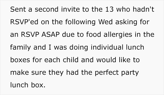 Text detailing a second invite request for RSVPs due to food allergies and individual lunch boxes for a child&rsquo;s party.