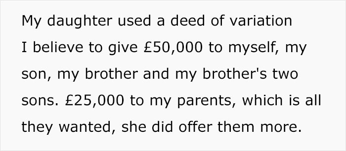 Text about a woman using a deed of variation to allocate part of a fortune among family members.