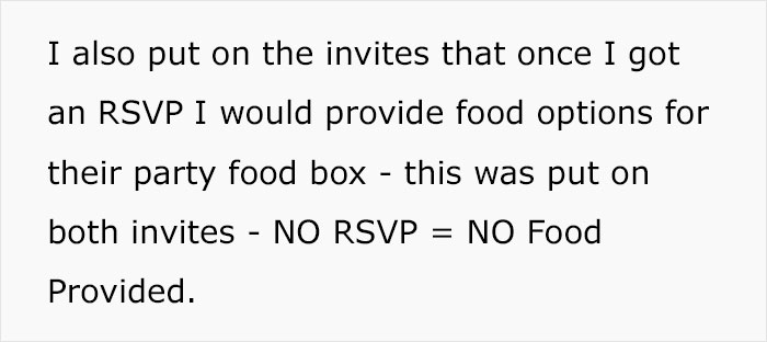 Invitation text stating no food without RSVP for kids' party, highlighting RSVP importance.