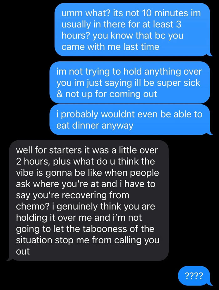 Text message conversation about missing a 25th birthday due to chemo recovery.