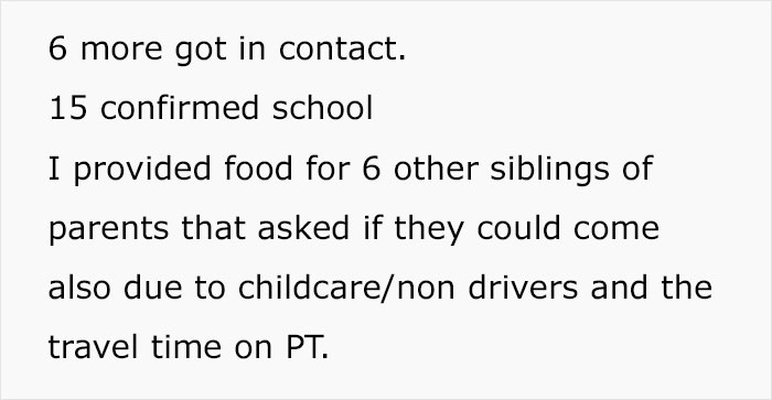 Text about coordinating extra food for siblings due to lack of RSVPs at a kids' birthday party.