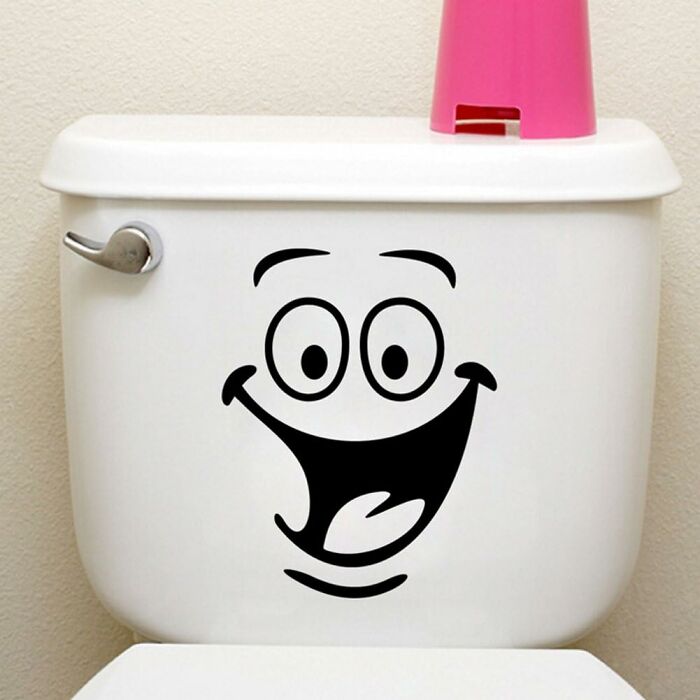 Toilet tank with a humorous face decal and a pink item on top, illustrating toilet humour.