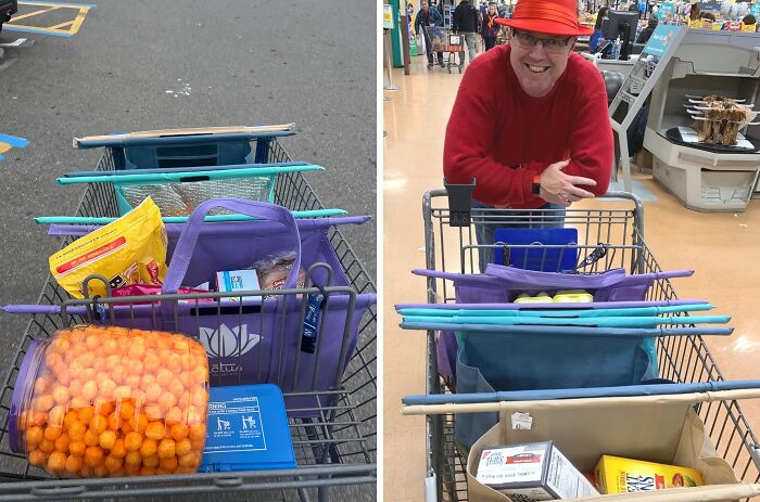 Shopping carts with organized problem solvers, including reusable bags and snacks, in a supermarket aisle.