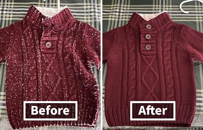 Before-and-after of sweater shows problem-solving transformation, highlighting improved fabric condition.