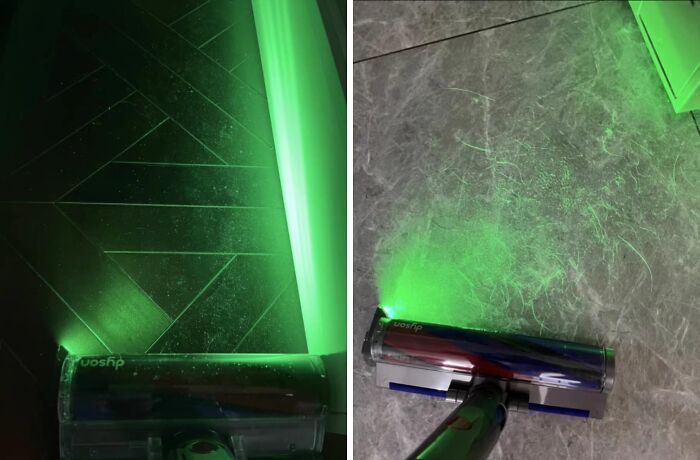 Vacuum cleaner highlighting dust with green light, showcasing an effective problem solver for clean floors.