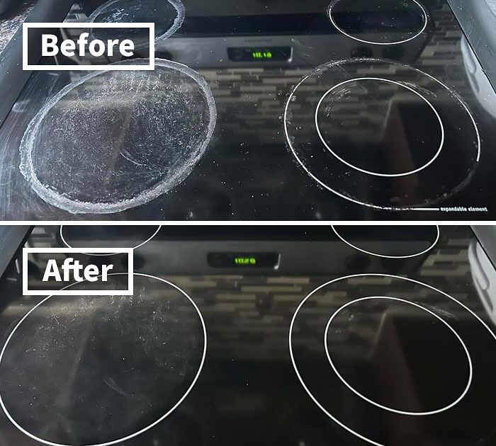 Before and after comparison of a stovetop cleaned by a problem-solving product, showing dramatic improvement.