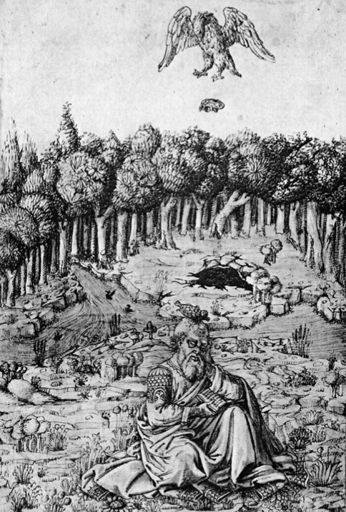 Ancient illustration depicting a contemplative figure in a forest, with an eagle overhead, from a cool Wikipedia article.