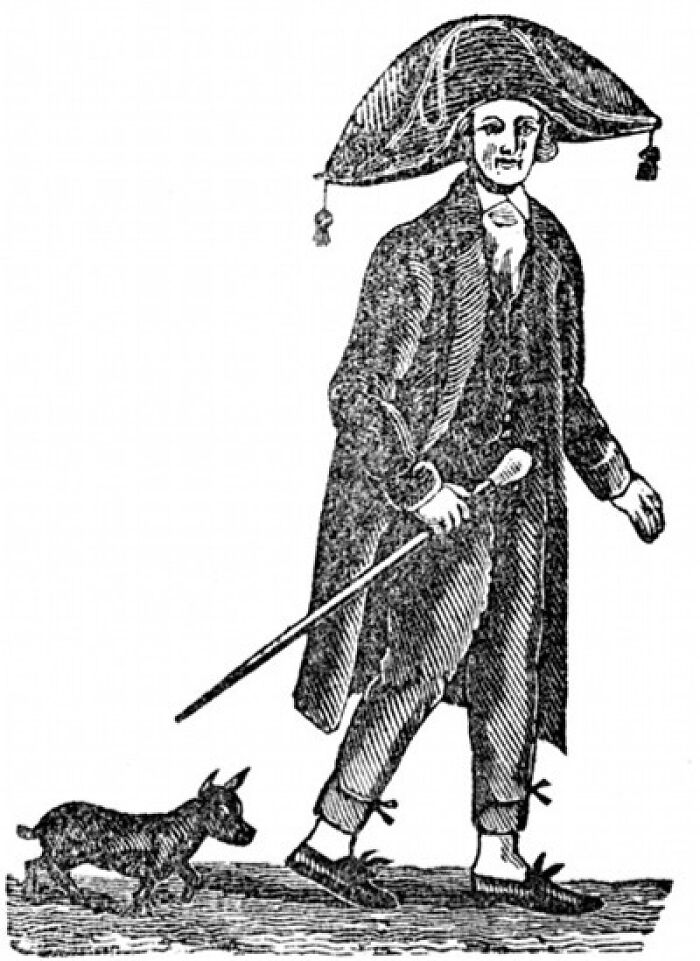 A man with a tricorne hat and cane walks alongside a small dog in an old illustration, representing cool Wikipedia content.