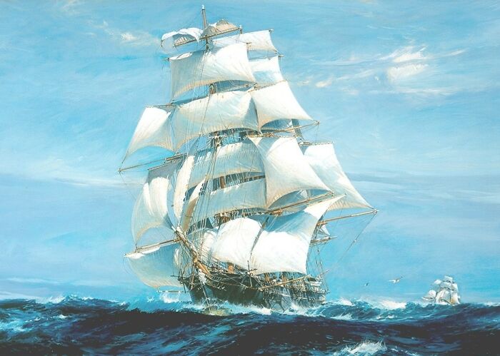 A sailing ship navigating the ocean waves, depicting historical maritime exploration.