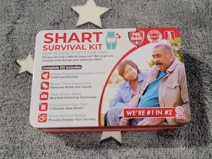 Shart Survival Kit with humorous toilet-themed items on a textured background.