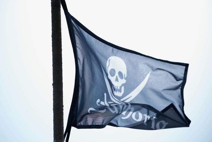 Pirate flag with skull and crossbones waving against a clear sky.