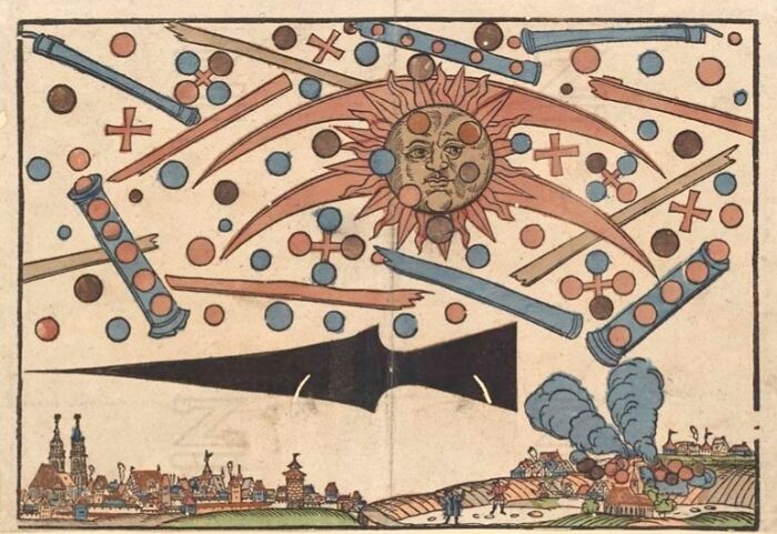 Historic illustration depicting a celestial phenomenon over a 16th-century city, with sun and mysterious shapes in the sky.