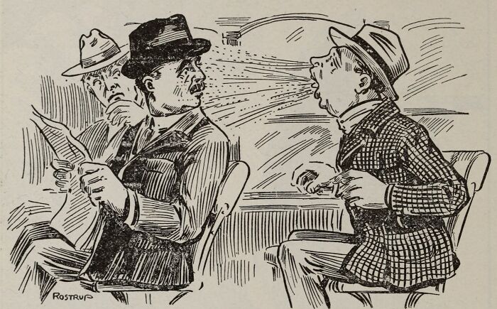 Vintage comic of a man sneezing on another, with a third man reading nearby, illustrating humorous Wikipedia articles.