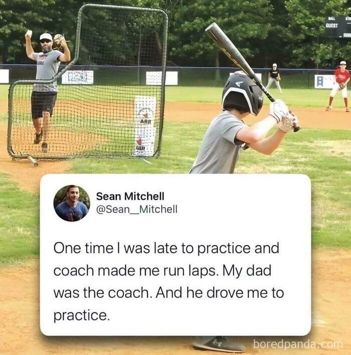 Baseball practice scene with humorous tweet overlay, showcasing a random internet post.