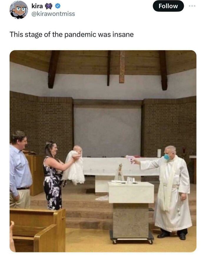 Priest baptizing baby with a water gun; pandemic-era internet humor post.