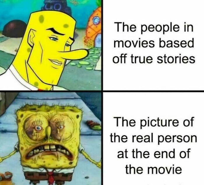 Cartoon meme with contrasting images, humorously depicting the difference between actors and real people in movies.