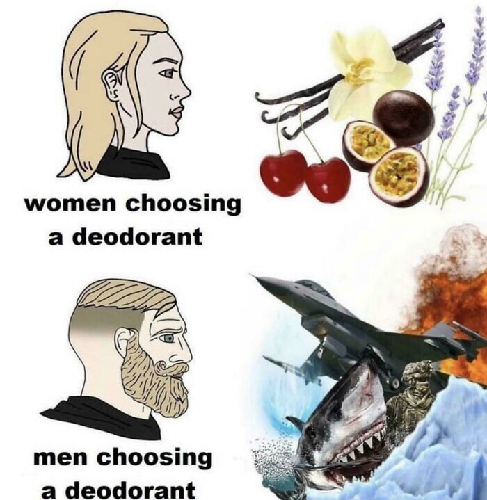 Illustration comparing how women and men choose deodorant with humorous imagery, showcasing internet humor.