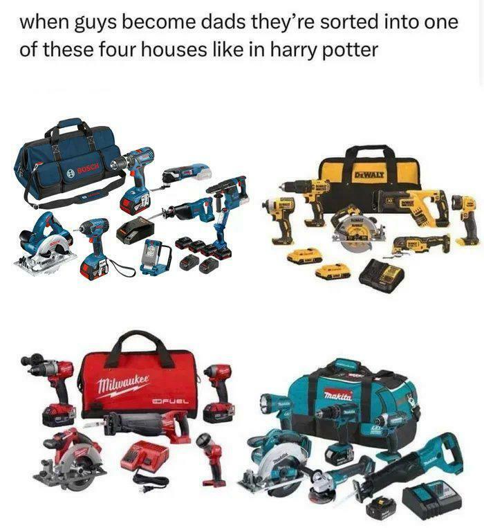 Four sets of tools from different brands humorously compared to Hogwarts houses, showcasing internet humor.