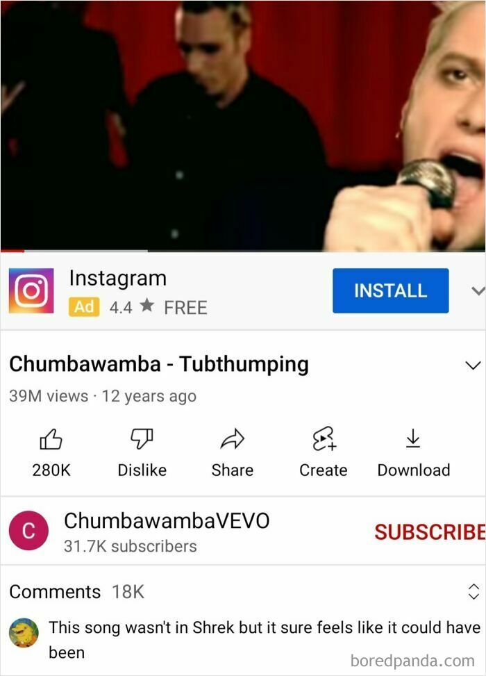 Screenshot of YouTube video: Chumbawamba&rsquo;s &ldquo;Tubthumping&rdquo; with a comment likening the song to Shrek, highlighting a rare compliment.